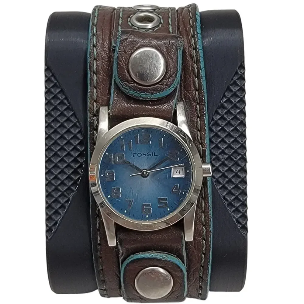 Fossil Wide Cuff Watch Brown Leather Blue Dial Date Indicator Y2K Retro